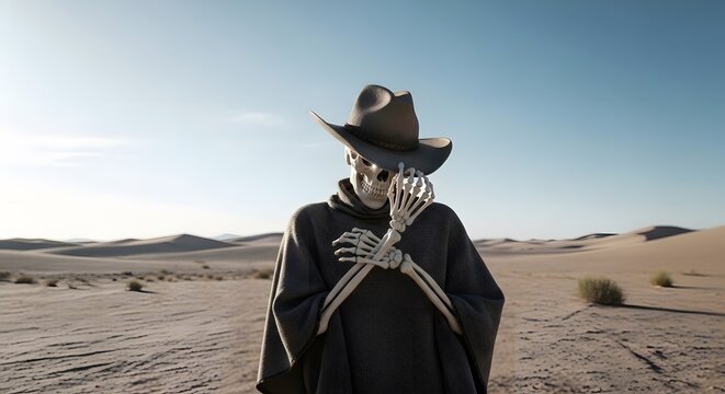 Undead gunslinger character with a skull face wearing a traditional duster coat and cowboy hat. Ideal for dark fantasy, gaming assets, horror illustrations, and eerie desert atmosphere