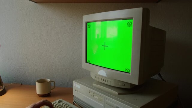 Retro pc computer gaming, Desktop vintage with loading code console, programmer making scripts, green basic screen, Old computer studio close-up, retro wave display, late 90s PC.