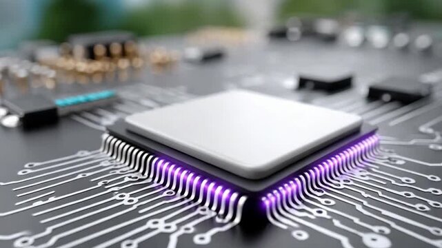 Digital Core: A close-up view of a cutting-edge central processing unit (CPU) showcasing the intricate circuitry and digital components, symbolizing technological innovation.