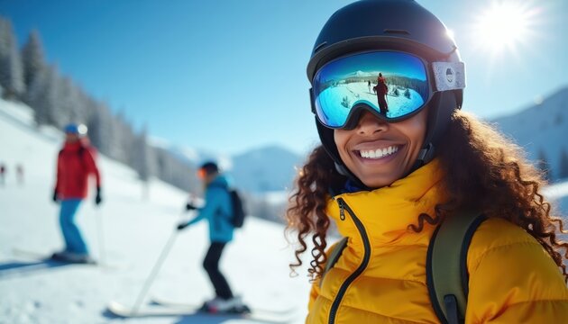 Black woman smiles wearing ski helmet goggles on snowy mountain slope. Friends ski in background bright winter day. People enjoy cold weather fun outdoor activity.