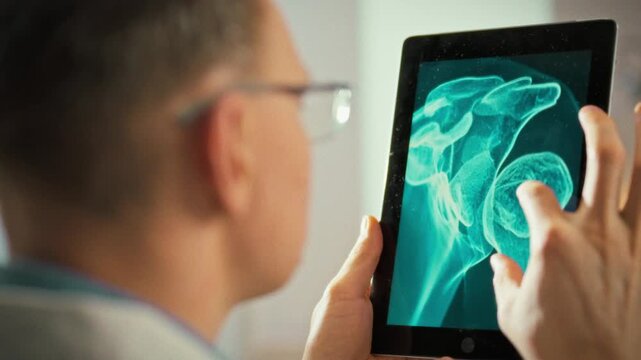 Within cutting-edge clinic, seasoned medical professional studies a hand x-ray on a high-tech tablet, using pinch gestures to zoom and highlight fracture details, showcasing advanced diagnostic tools