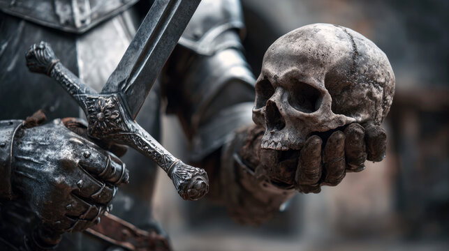 Medieval knight in steel armor holding a sharp sword and a human skull, dark fantasy warrior concept for history enthusiasts and gothic atmospheric cinematic storytelling posters.