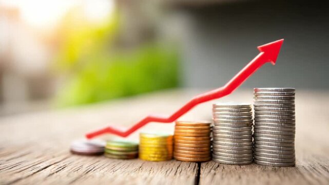 Financial Ascent: A visually compelling representation of financial growth, showcasing stacks of coins accompanied by a vibrant upward-trending arrow. 
