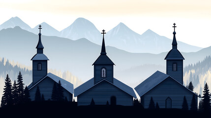 Fototapeta premium Three Carpathian Wooden Churches Panorama — Ukrainian Hutsul Folk Architecture, Scandinavian Minimalist Flat Art Print
