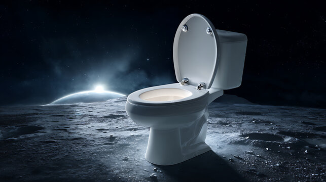 Fantasy Moonscape with a Glowing White Toilet and Distant Earth Horizon, Representing Humor, Isolation, and Creative Concepts