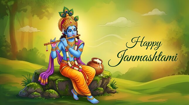 Little Kanha playing bansuri (flute) on Krishna Janmashtami festival background of India