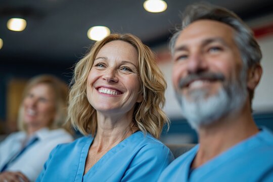 Healthcare professionals smiling during interdisciplinary team meeting