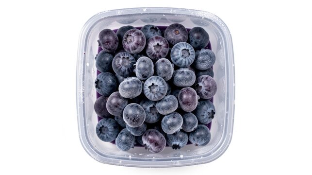 Frozen blueberries in square plastic container on white background, antioxidant rich superfood berries, brain healthy frozen fruit