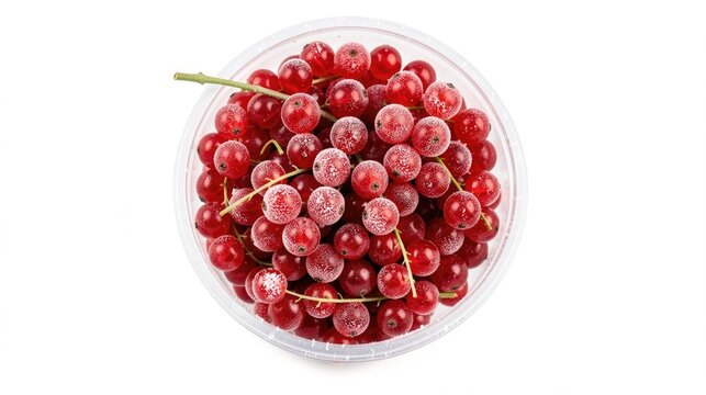 Frozen red currants in round plastic container on white background, vitamin C high antioxidant berries, tart healthy frozen fruit