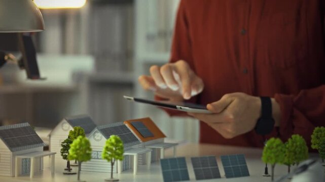 A design engineer holds a digital tablet, analyzing electronic data wirelessly, amidst models of eco-friendly homes with solar panels, showcasing innovative residential designs