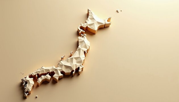 3D low poly map of Japan in beige tones, geometric country outline, minimalist digital graphic design. Asia nation island shape, abstract topography surface, simple land representation.