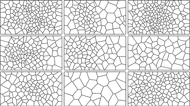 Various geometric voronoi cell patterns arranged in nine individual rectangular frames for creative graphic design projects and digital background texture art applications