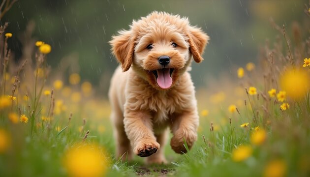 Fluffy goldendoodle puppy runs through yellow flowers and grass in rain. Young dog is happy, energetic, and playful. It has wet fur and is enjoying outdoor activity. This cute pet loves to move fast.