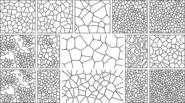 Detailed set of varied abstract geometric voronoi cell patterns for modern graphic design projects featuring black line work on white background