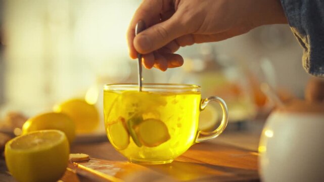 A man stirs a steaming citrus tea infused with fresh lemons and ginger in a clear glass mug, releasing a drop of yellow juice, flowing into the hot water