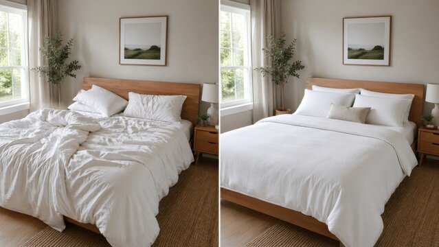 Before And After Bed Making With Unmade Bedding And Neatly Made Bed In Morning Light