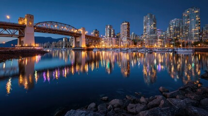 Fototapeta premium Cityscape at dusk with illuminated bridge and high rise buildings