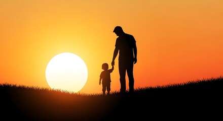 Fototapeta premium father and child walking at sunset in golden field family bonding moment