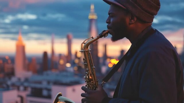 Passionate African American saxophonist plays a soulful rooftop solo at sunset, moody jazz performance with New York City skyline and Empire State Building in the background