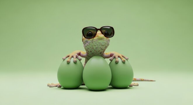 A green lizard wearing sunglasses sitting on three green eggs on a green background