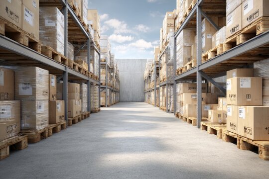Organized warehouse aisle with stacked pallets and cardboard boxes under natural light