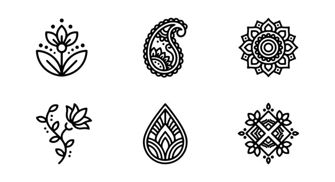 Black floral icons, mandala designs, paisley patterns, vector set