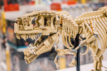 Naklejka premium 19 October 2025, Belgrade, Serbia: LEGO bricks forming a T Rex dinosaur skeleton model, recreating a prehistoric fossil exhibit for education and play