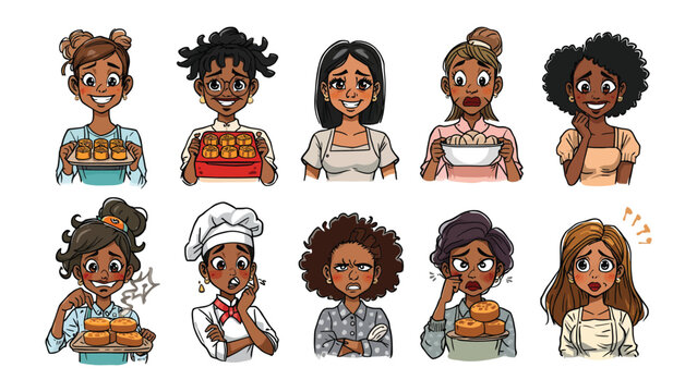 Expressions of Gastronomy: A delightful compilation of culinary enthusiasts, each conveying a unique emotion associated with the art of cooking and the joy of consuming delectable food.