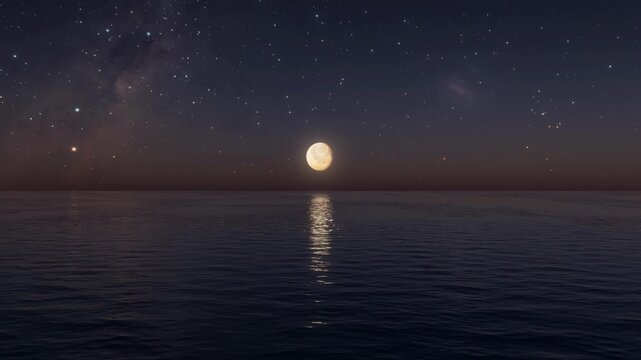 Seamless loop animation of a radiant full moon reflecting over calm ocean waves under a starry night sky.