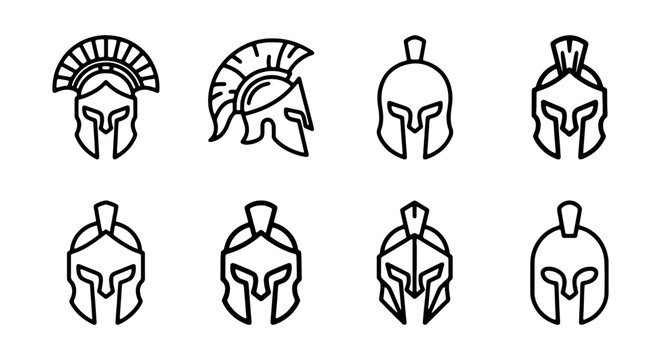Ancient Greek, Roman Helmet Icons, Vector Gladiator Shields, Black Line Art Symbols, 8 Emblems