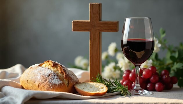 Communion bread and red wine beside wooden cross on table. Grapes and rosemary garnish. Christian sacrament of Eucharist meal for faith and spiritual connection.