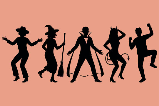 Group of people dancing in Halloween party costumes