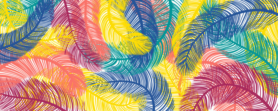 Bright colorful exotic bird feathers texture on transparent background. Ostrich, marabou plumes, plumage. Carnival, masquerade, fashion, glamour design element. Hand drawn flat vector illustration