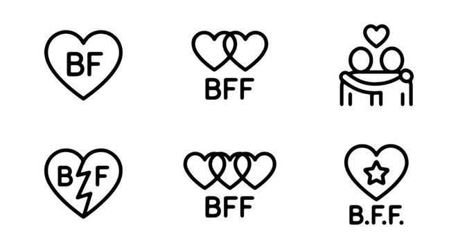 Vector best friend icons, heart symbols, BFF friendship signs, line art graphics