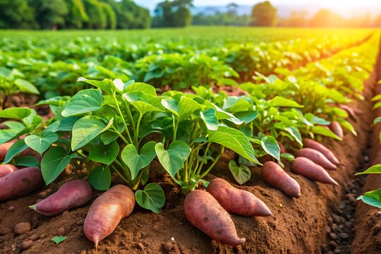 Sweet potato plants growing in a field on white background is not possible, large red sweet potatoes on brown soil with green