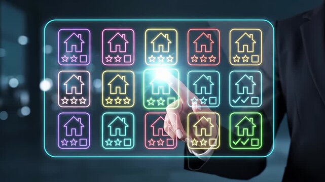 Hand touching digital neon house grid with star ratings and checkmarks on interactive real estate panel. Property listing and home selection platform for smart residential market search and rating