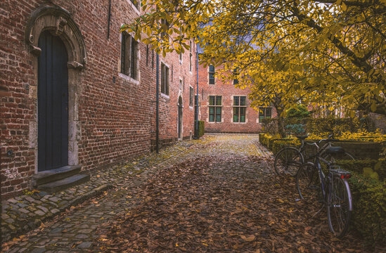Arquitectura tradicional flamenca en el Gran Beaterio de Lovaina, B&eacute;lgica. Groot Begijnhof. Traditional brick architecture of the Groot Begijnhof in Leuven, Belgium. Exploring Leuven by bike.