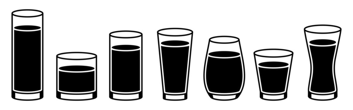 Glasses. Set of different drinking glasses with beverages silhouettes collection barware shapes various glass types for drinks water juice alcohol black style icons for menu cafe restaurant design