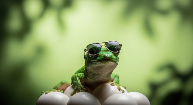 Green frog wearing sunglasses on human hand in nature