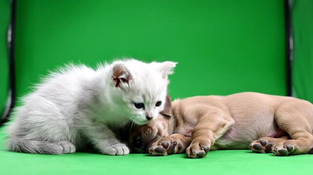 Cute Kitten Watching Sleeping Puppy Calm Scene Green Screen