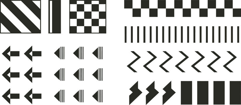 Vector illustration featuring a 3d set of black and white geometric shapes and checkered patterns on a chessboard background with a square tile texture for a race flag or game competition design