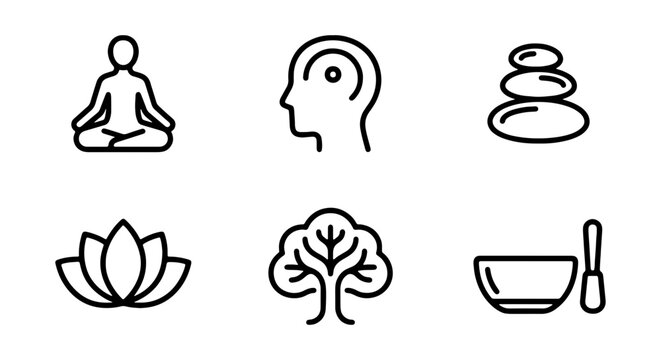 Mindfulness icons, meditation symbols, yoga signs, wellness graphics, 6 pcs
