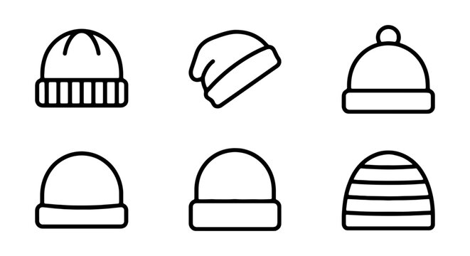 6 Winter Hat Icons, Black Line Drawings, Knit Caps, Beanies