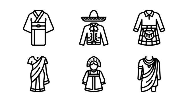 Traditional clothing icons, cultural dress symbols, ethnic wear illustrations, fashion elements