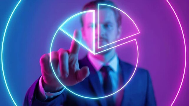 Business executive touching neon digital pie chart graph on glowing abstract background. Corporate finance analytics and data statistic performance for smart market share analysis and investment