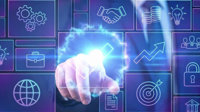 Business executive touching checkmark on digital neon grid with gear handshake coin lightbulb briefcase globe target and lock symbols. Corporate strategy management and financial service solution