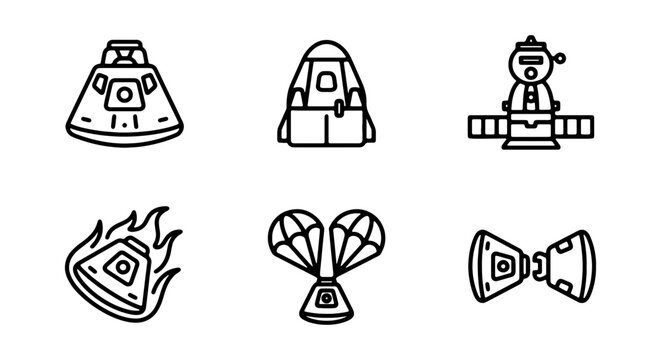 Space Exploration Icons: Rocket Capsule, Astronaut, Meteor, Parachute, Satellite