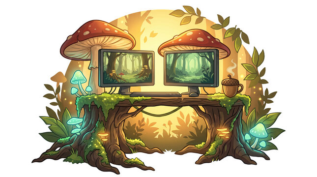Magical woodland office with dual computer monitors set upon an ancient tree stump desk, featuring glowing mushrooms and botanical forest elements in a whimsical fantasy illustration design.