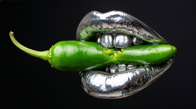 Highly polished silver-coated lips and teeth are seen biting down on a whole, fresh green serrano chili pepper, which is crushing in the center