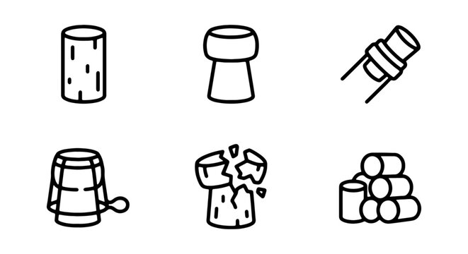 Wine cork line icons, champagne bottle stoppers set, 6 minimalist vector elements